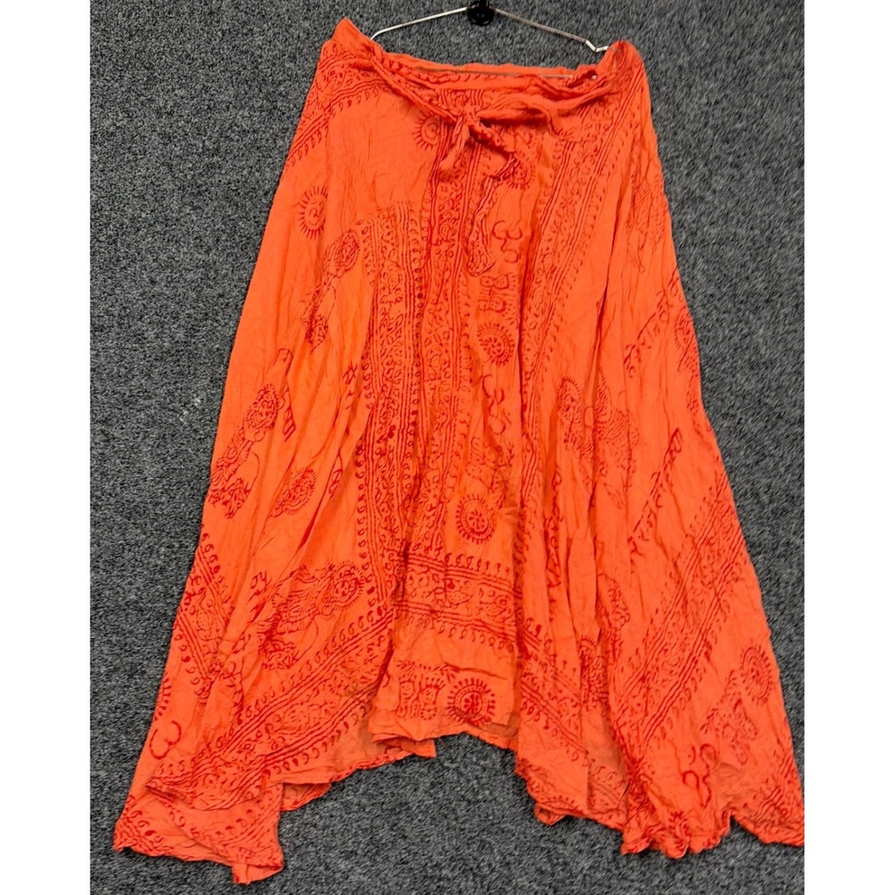 Flying High Wrap OS Orange Om Print Rayon Maxi Skirt Boho Hippie Nepal Skirts